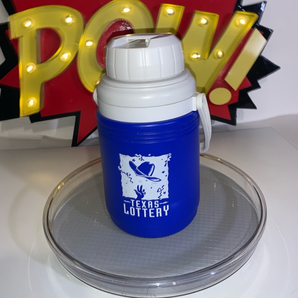 Texas Lottery Themed Blue & White Coleman Thermos; 1/2 QT - Not for Hot Liquids